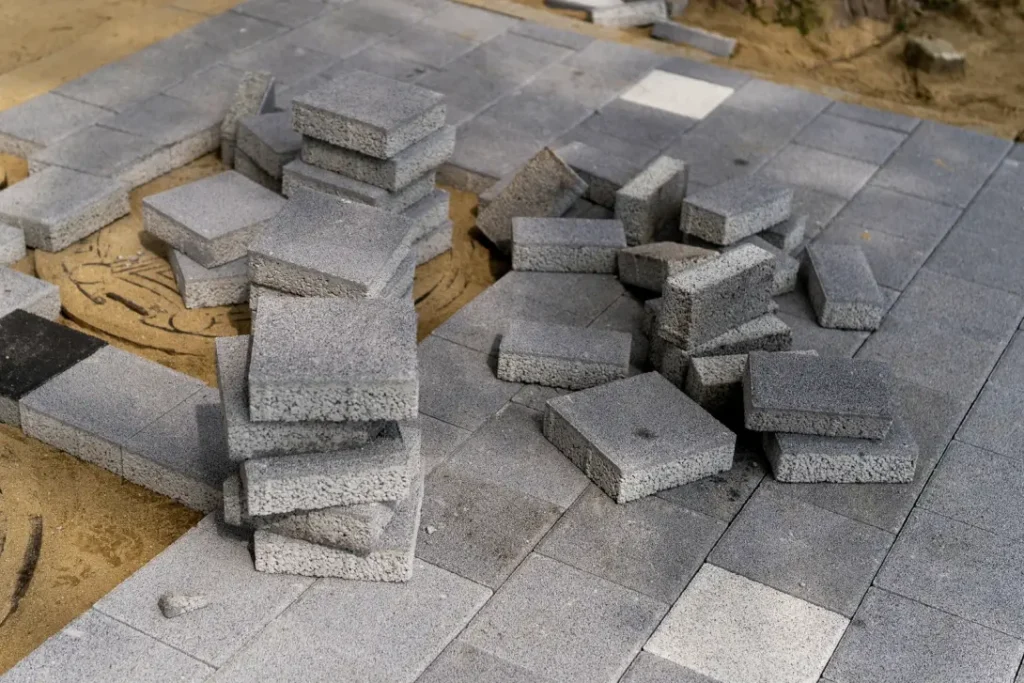Concrete paving blocks stacked on a partly laid paved area, with the sand laying course exposed