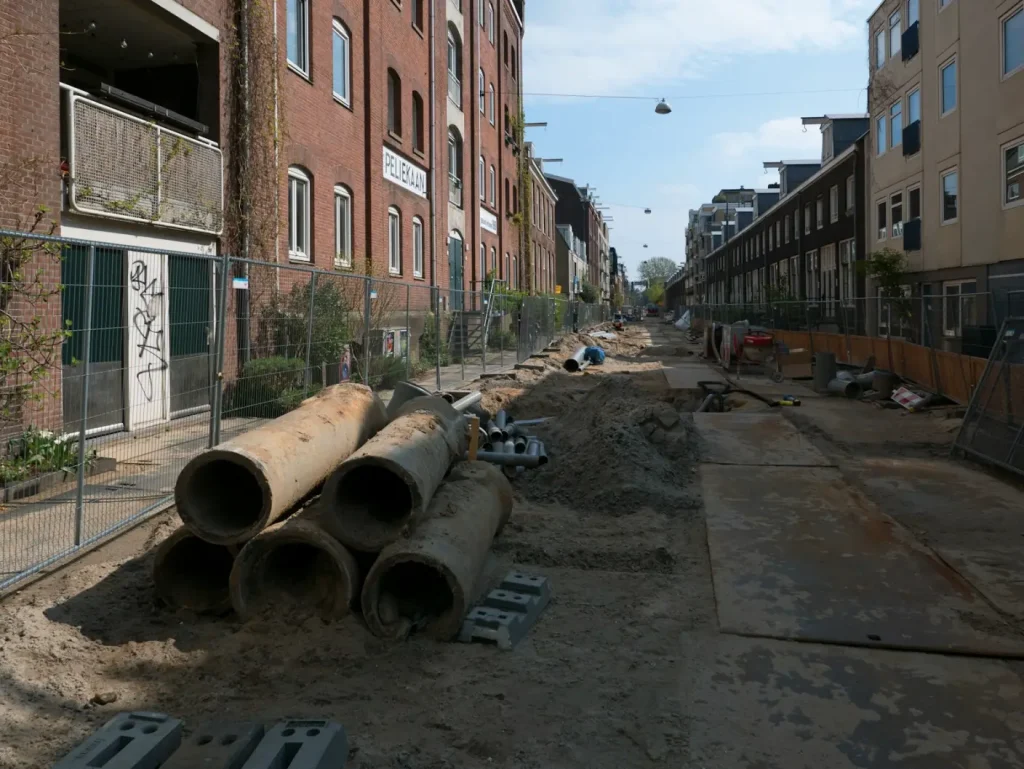 Large concrete drainage pipes waiting beside an excavated street between brick apartment buildings